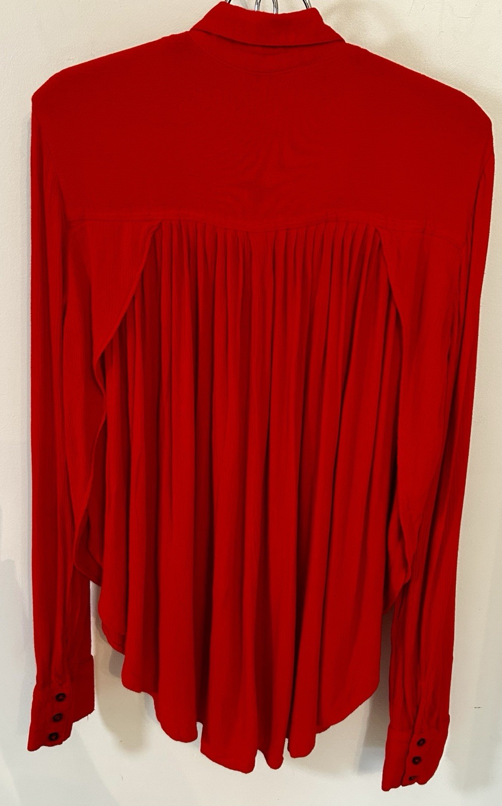 Free People Sz S/P Tunic Top Red Gauze Button Up Side Slits Pleated Long Sleeve