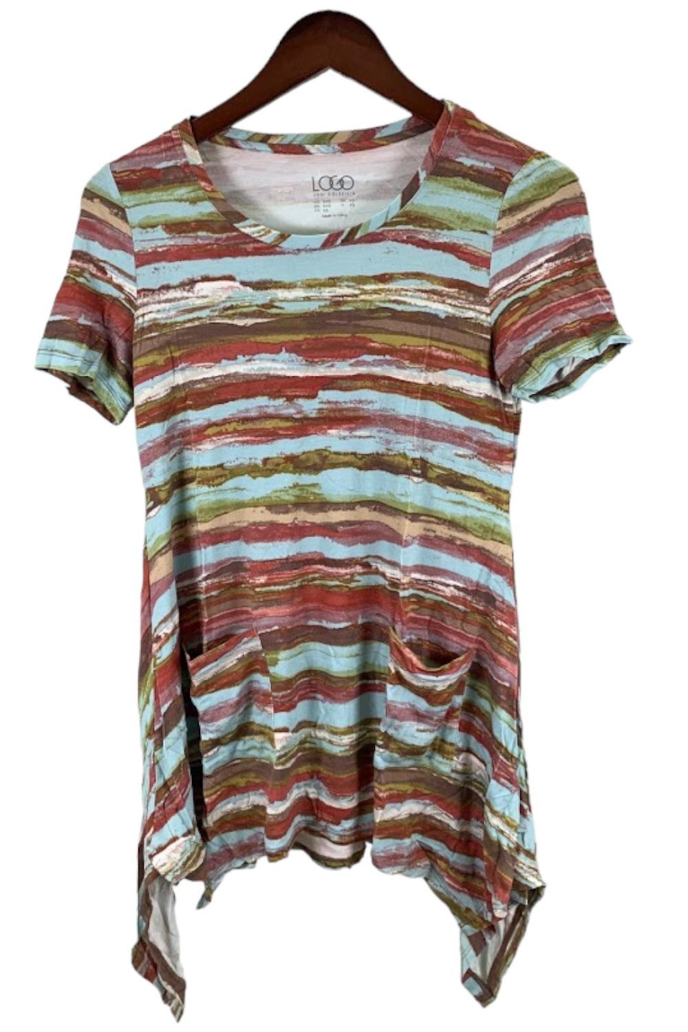 LOGO by Lori Goldstein Stripe Print Knit Top Hem Detail Red Clay Combo
