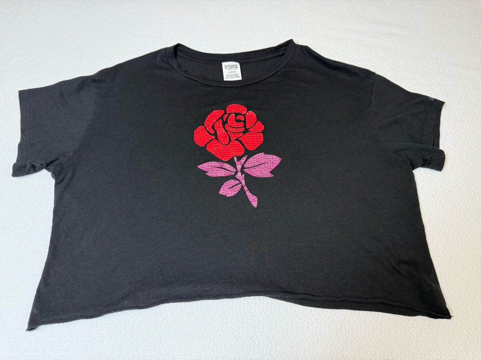 Victoria’s Secret PINK Rose Rhinestone Boxy Crop Tee Black Size M
