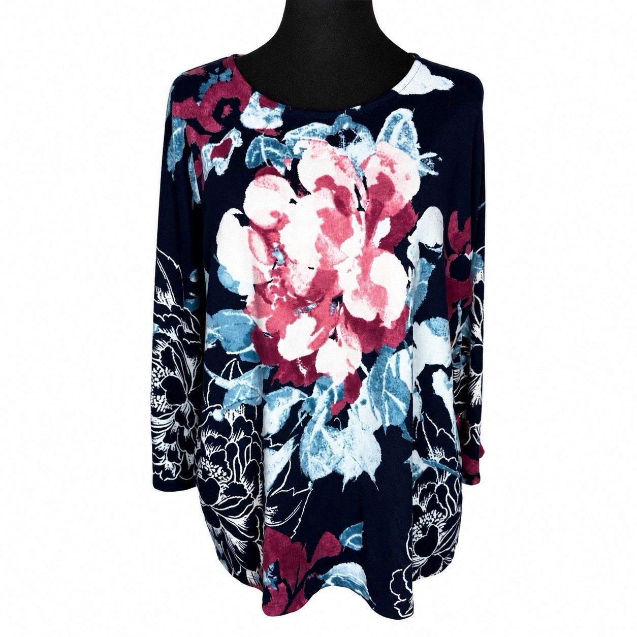 Chicos Navy Multicolor Floral Sweater Sz 2/US 12 Dolman 3/4 Sleeves Lightweight