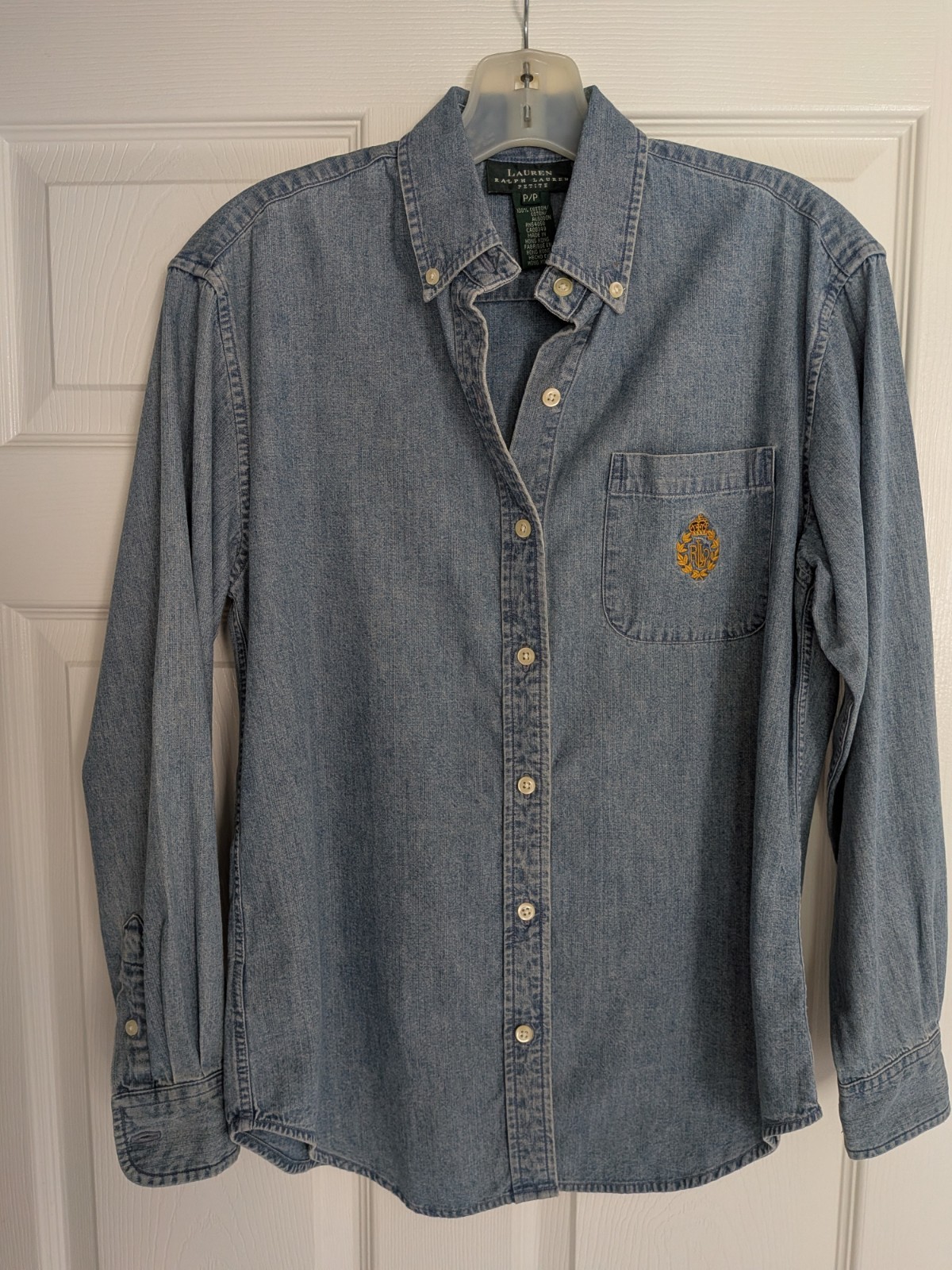 Vintage 90s LAUREN Ralph Lauren Royal Crown Crest Denim Shirt Size Petite