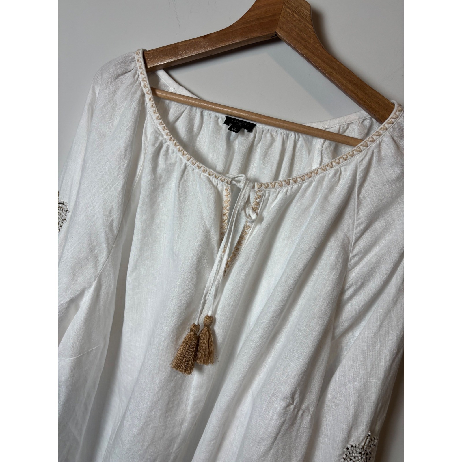 Talbots Plus Womens White Linen blend Beaded Palm Tree Tassel Peasant Top 3X