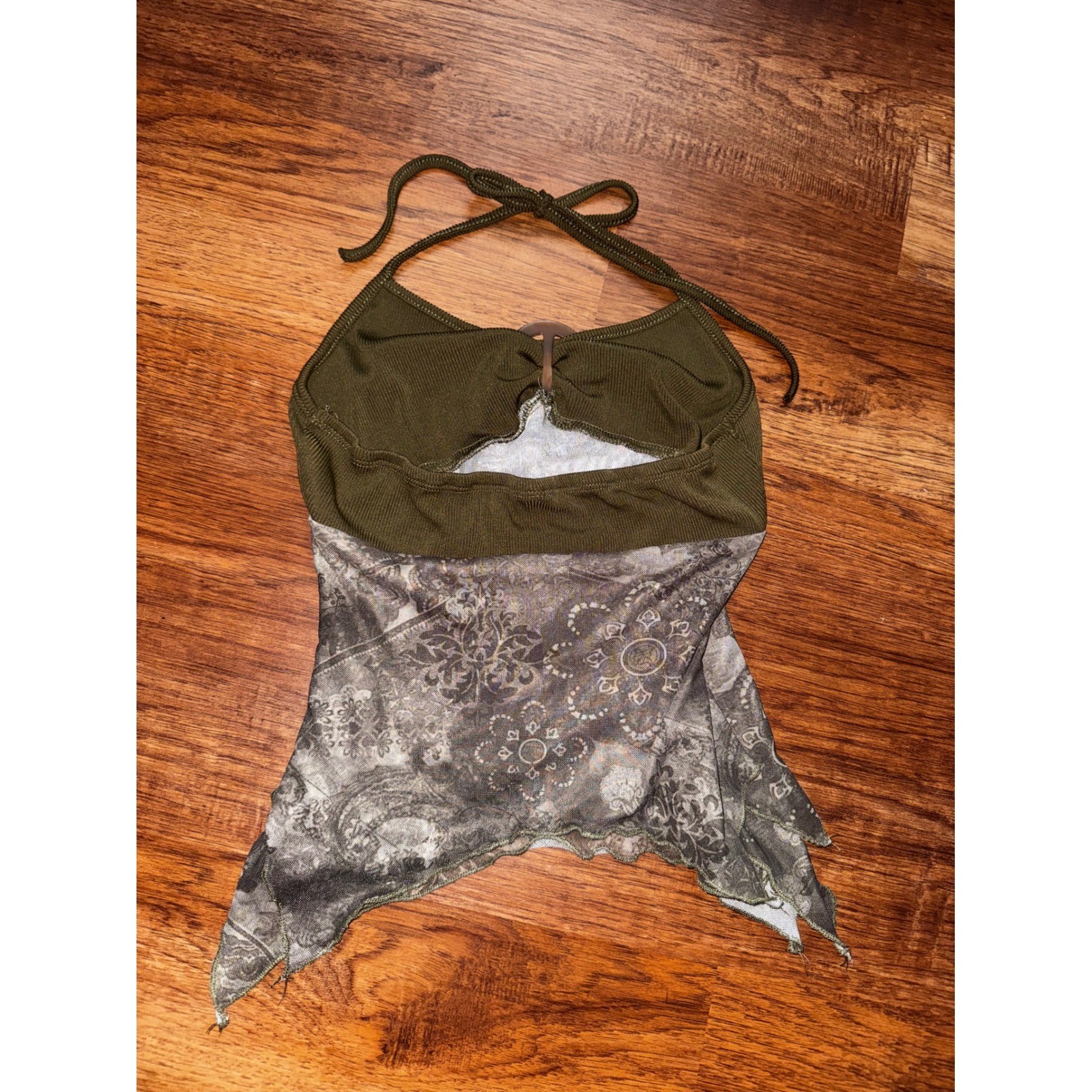 Olive Green Y2K Halter Top O-Ring Paisley Mesh Handkerchief Hem Boho Cami Small