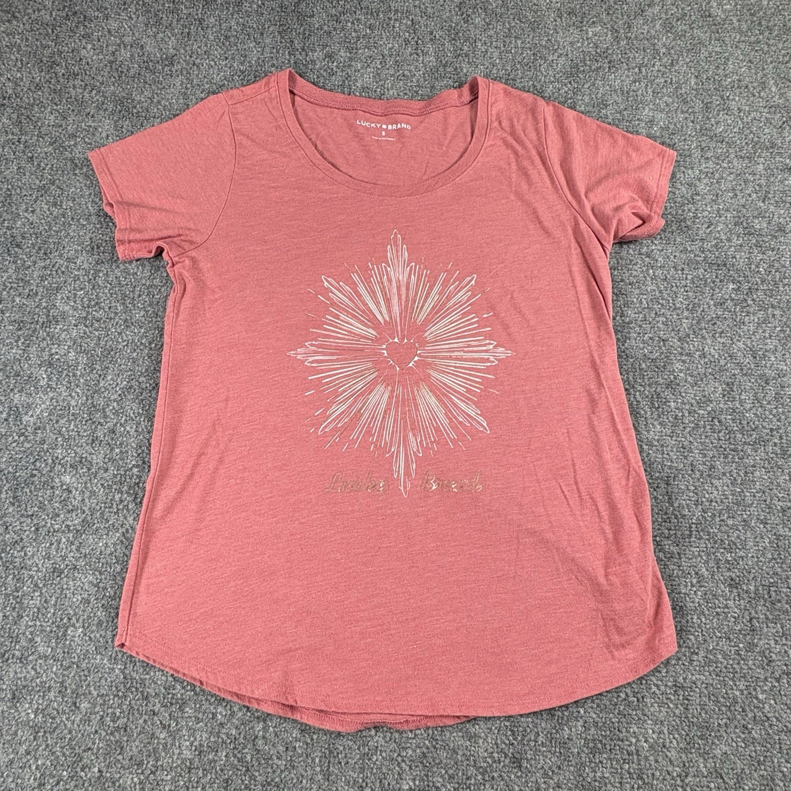 Lucky Brand T Shirt Women’s S Pink Heart Graphic Boho Western Festival Soft