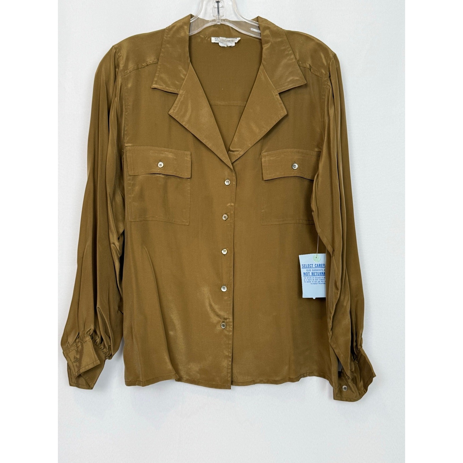 Vintage NWT 100% Silk Safari Blouse Olive Made Hong Kong Sz 10 Deadstock