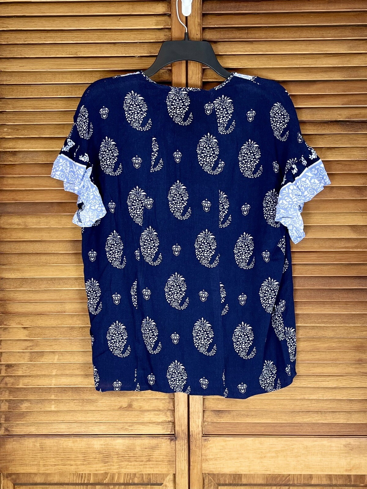 COMO VINTAGE Womens Boho Ruffle Short Sleeves V-Neck Pullover Blouse Size Lg