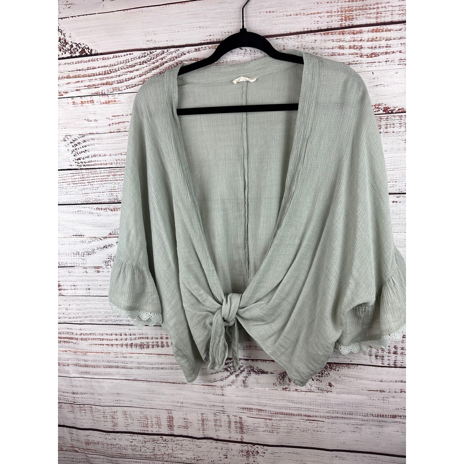 Kori America Womens Lightweight Tie Front Sage Green Kimono Shirt Flowy Ruffle M