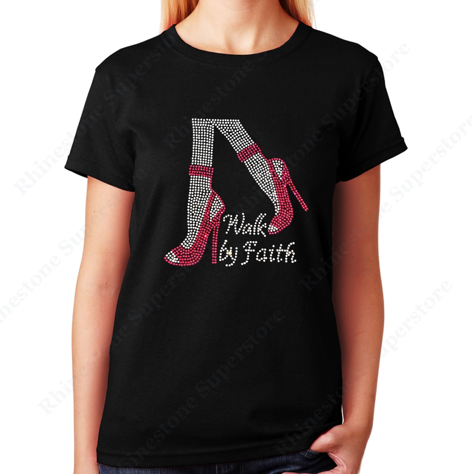 Women’s / Unisex Rhinestone T-shirt ” Pink Walk by Faith ” in Sm to 3XL