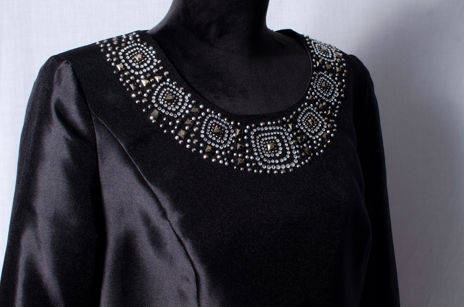 Lily and Taylor Black Satin Top With Black Rhinestone Collar Cuffs Sz 10