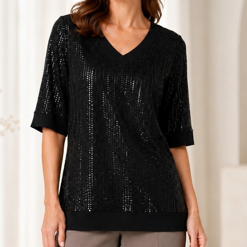 Clara Sun Woo Tunic Small Black Shiny Circles 3/4 Flare Sleeve Arsty Party