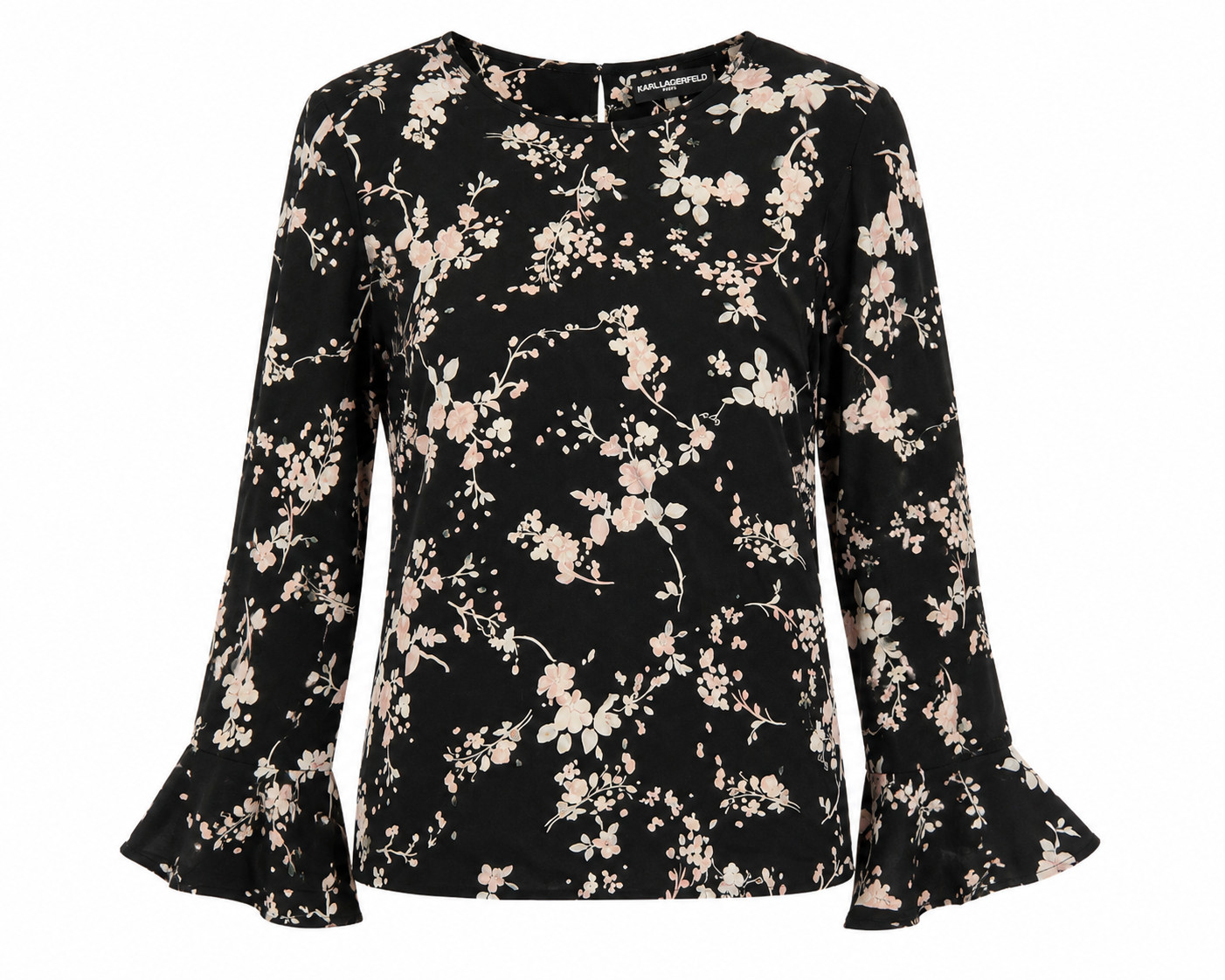 Karl Lagerfeld Paris Women’s Floral Bell Sleeve Blouse Black Pink Size Small