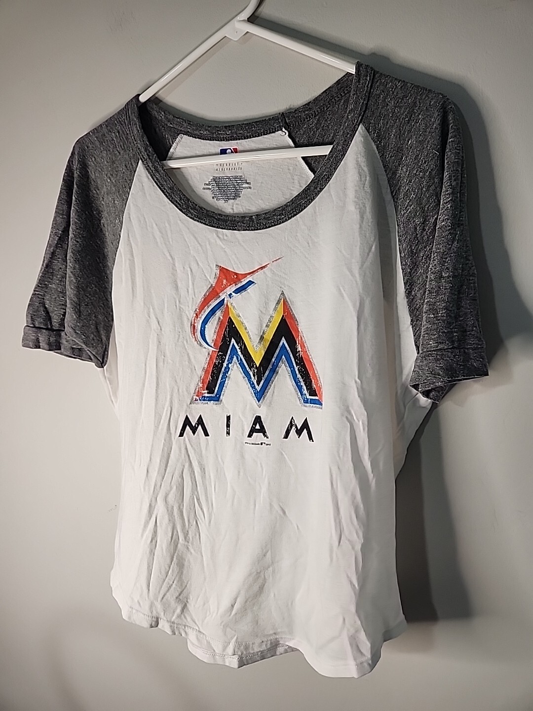 MLB Miami Marlins Raglan Baseball Tee White Grey XS Genuine Merchandise