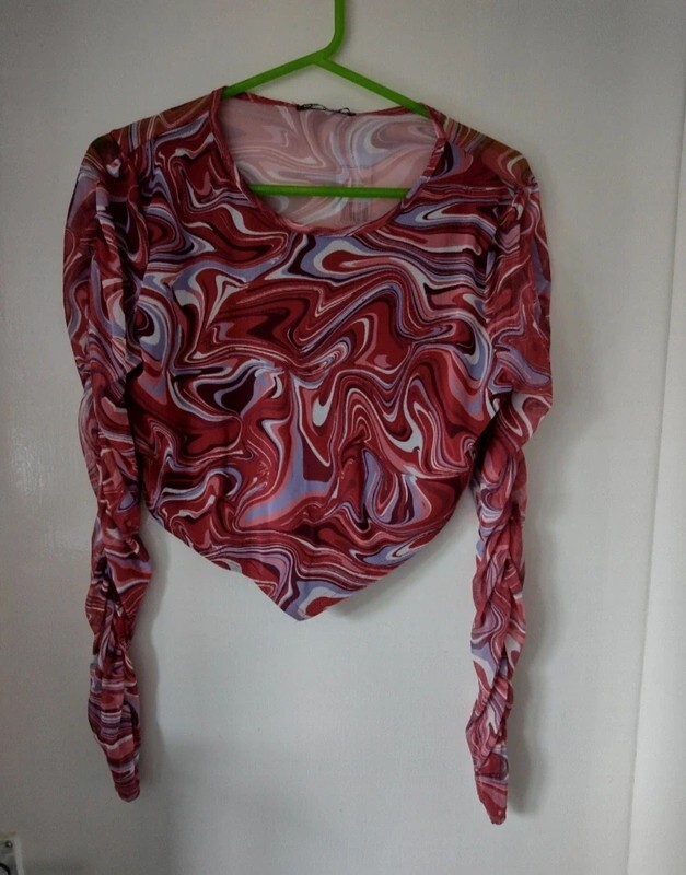 Select Marble Print Mesh Crop Top Red Purple Ruched Long Sleeve V-Hem Size Large