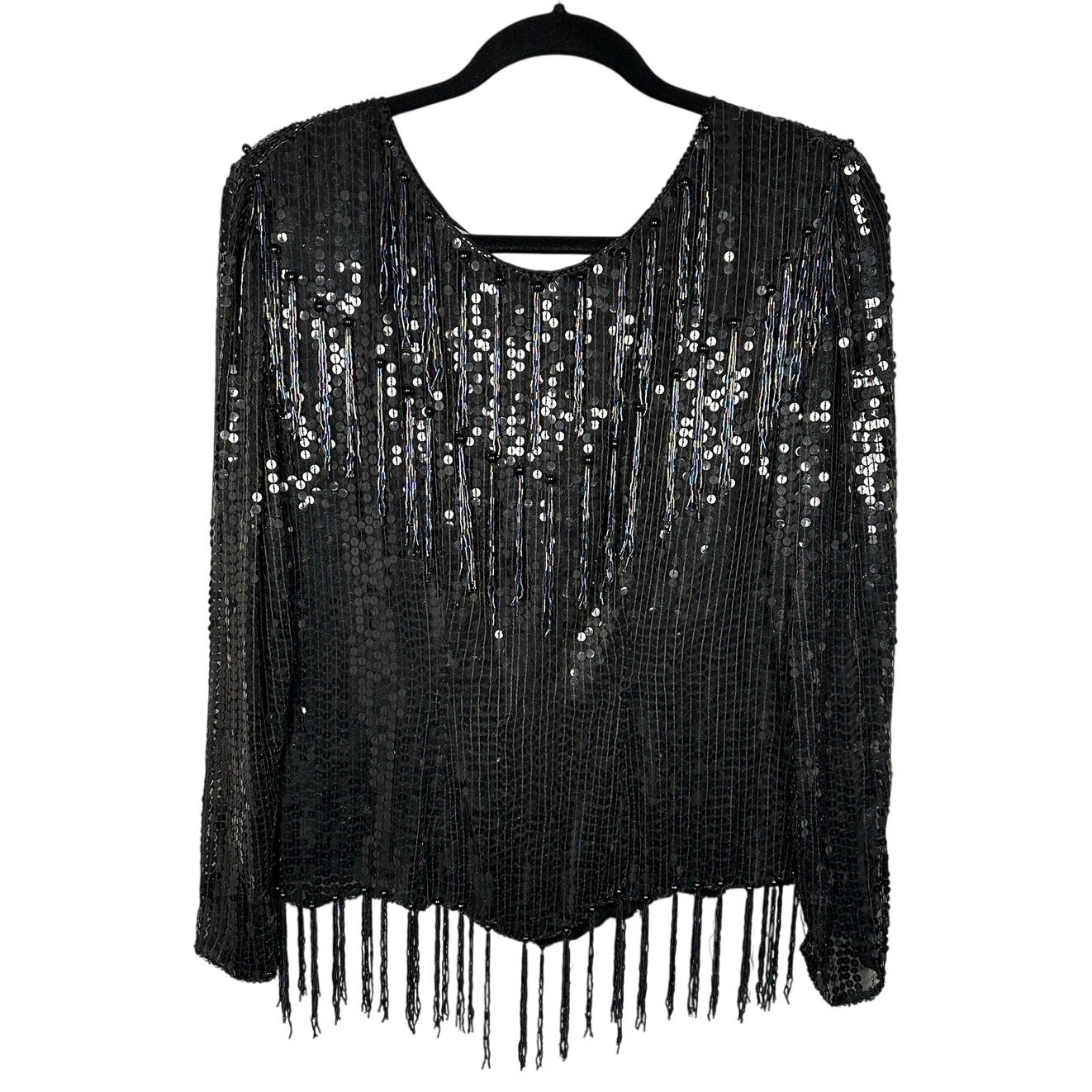 Vintage Swee Lo Black Sequins Beaded Fringe 100% Silk Blouse Women’s Medium