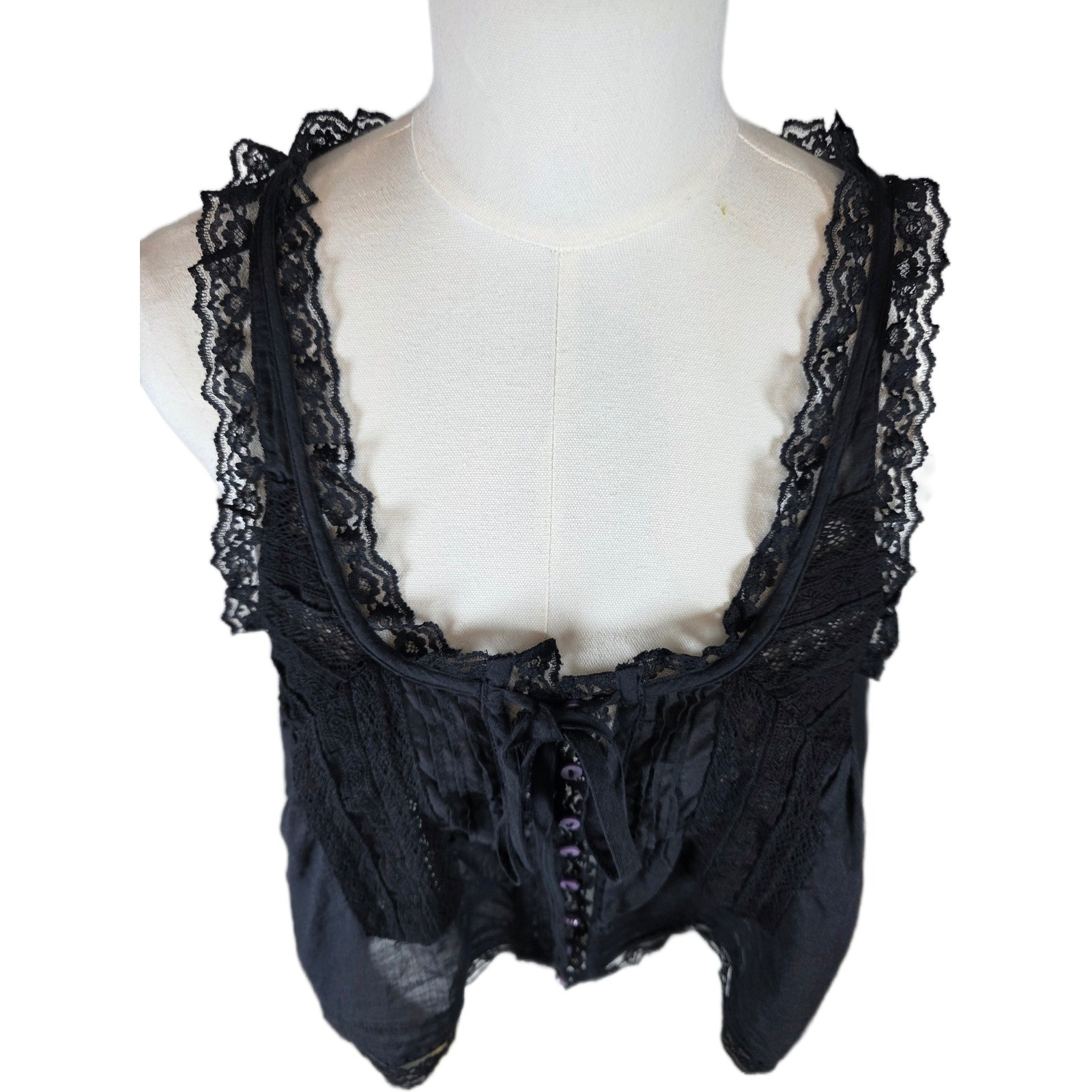 Free People XS Black Oversized Cotton Cami w/Lace Trim & Button/Tie Front