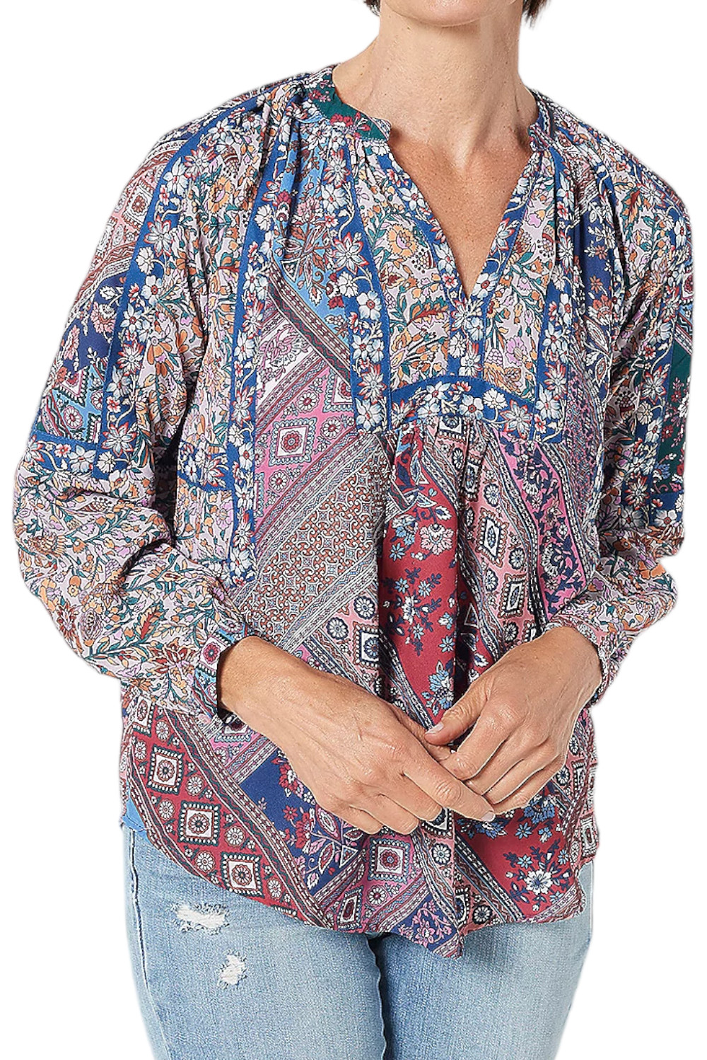 Tolani Collection Printed 3/4-Sleeve Top w/ Keyhole Back Rust