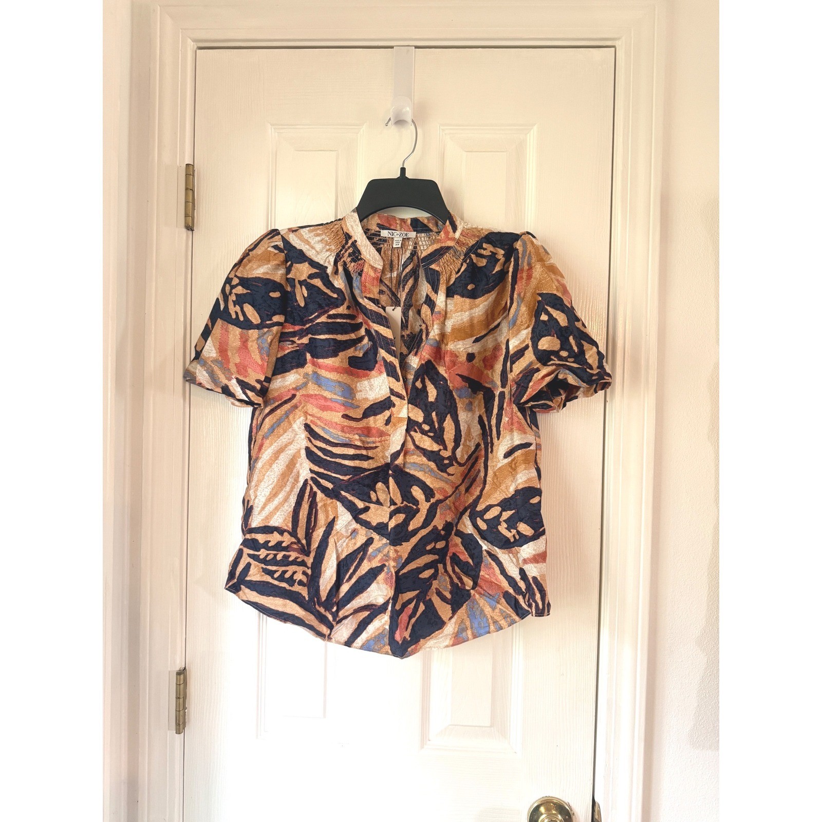 NIC+ZOE Terracotta Garden Peasant Top Neutral Multi Cotton Blouse XS M251622