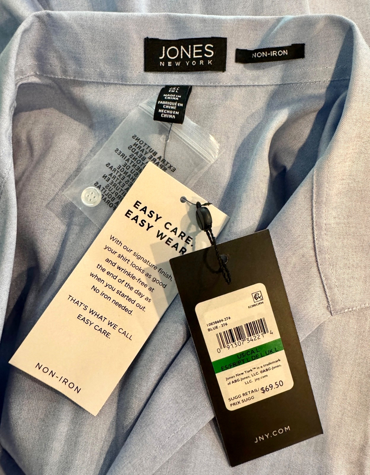 NWT Jones New York Non-Iron Blue Sleeveless Easy Care Button-Up Shirt Size L