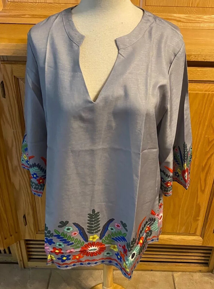 Misslook XL V-Neck Blouse Gray Flowered Casual Everyday Travel Lounge
