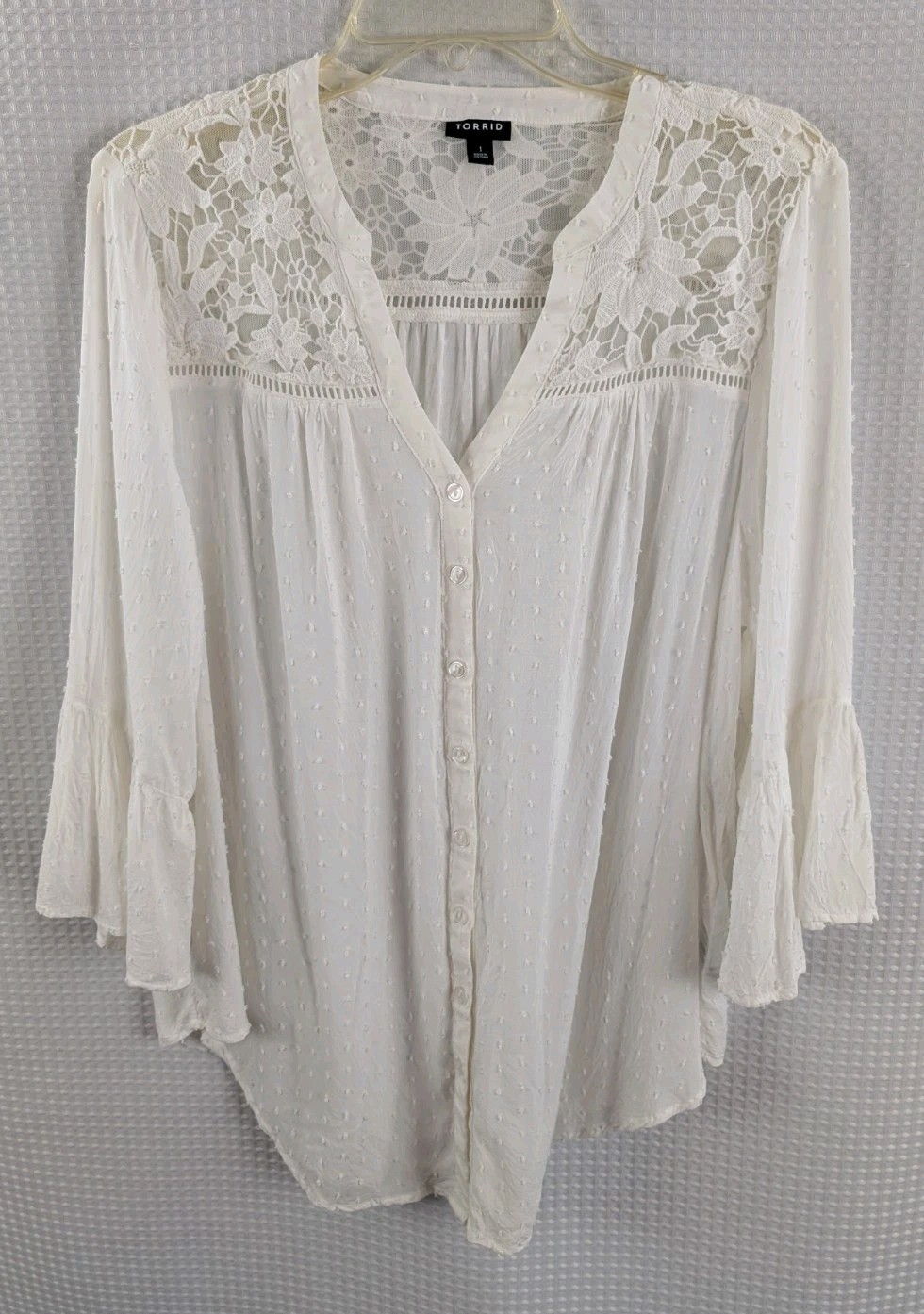 Torrid White Dotted Swiss Lace upper Bodice Ruffle Bell Sleeve Blouse Size 1
