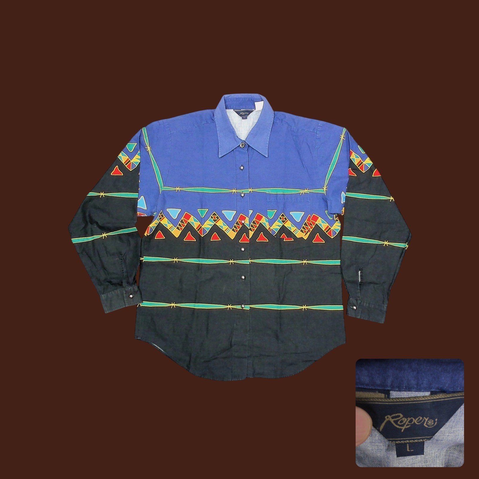 Roper Aztec Southwestern Barbed Wire Shirt 90s Cowgirl Western Womens L Mens M