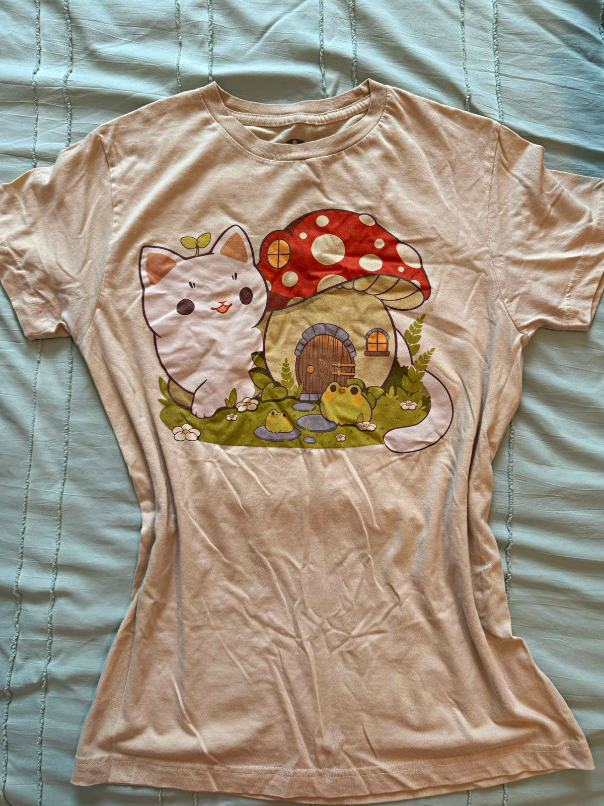 Rihnin Women’s Beige Cat Mushroom Graphic Tee Crew Neck Short Sleeve T-Shirt S
