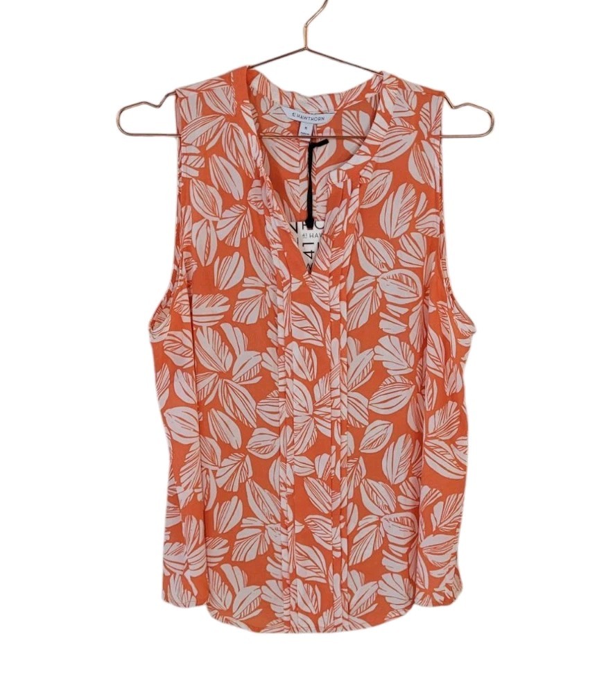 New 41 HAWTHORN XL Coral White Leaf Print Breyson Pleat Split Neck Blouse Women