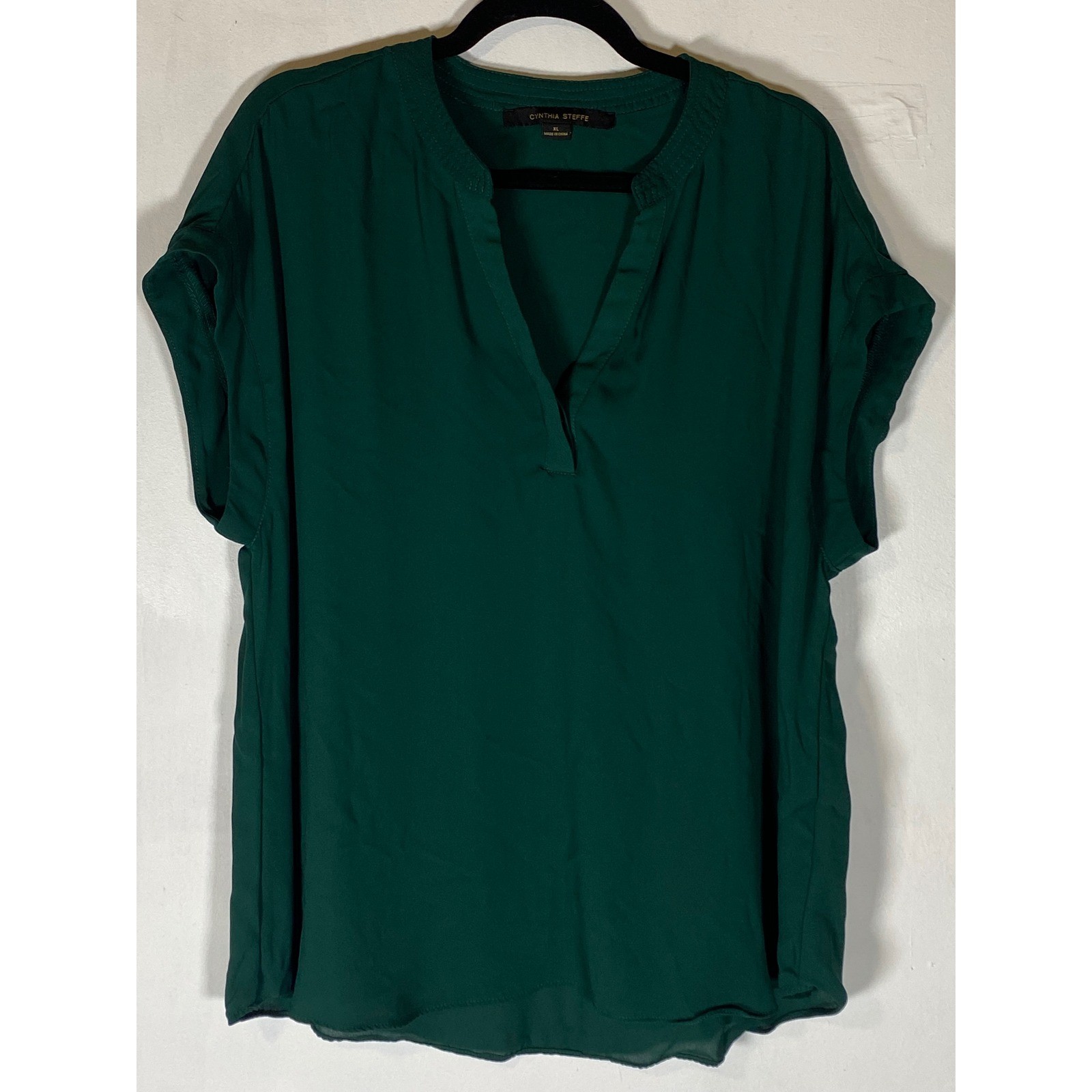 Emerald Green Sheer Chiffon Flutter Sleeve V Neck Blouse XL Career Quiet Luxury