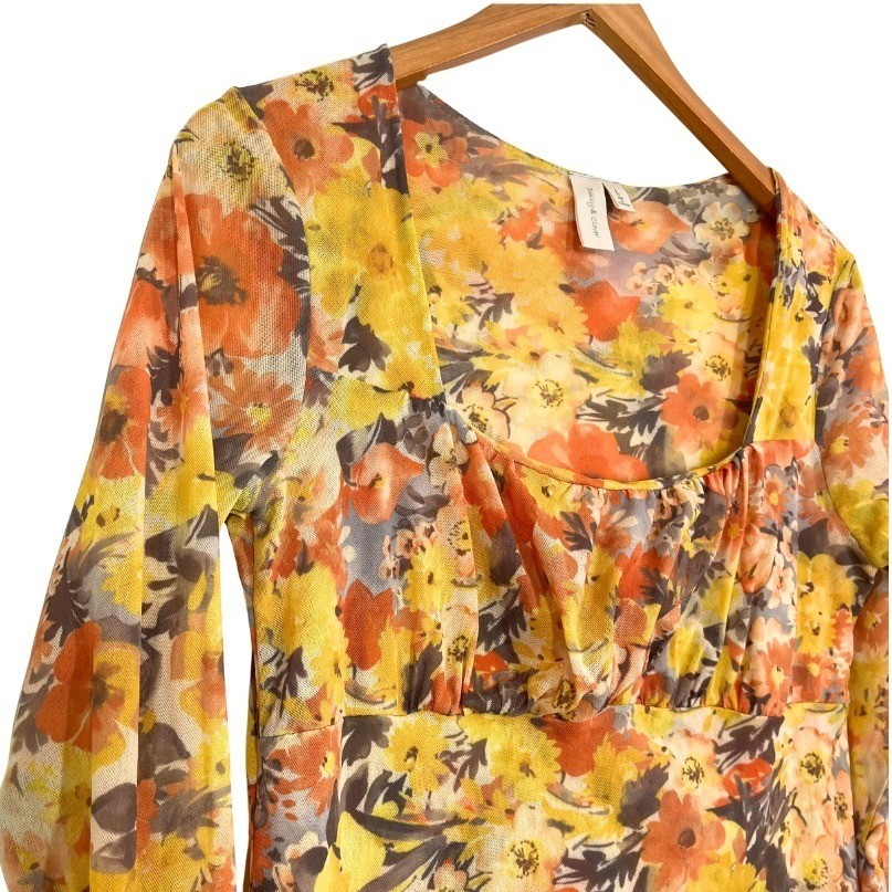 Daisy & Clover Floral Mesh Tunic Top L Y2K Empire Waist 90s Babydoll Lined