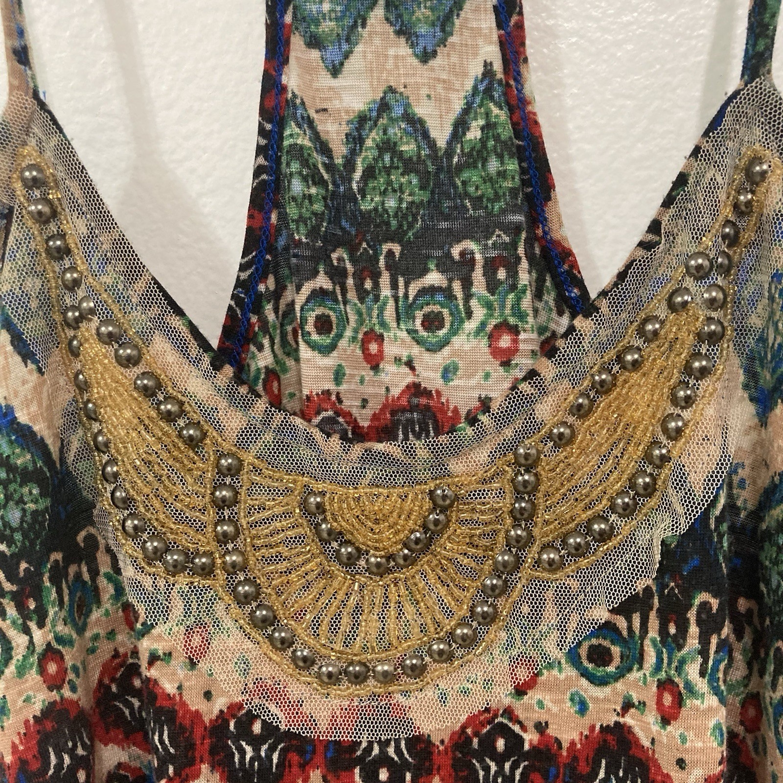 DAY TRIP tan Multicolor spaghetti straps elastic waist racer back tank top M