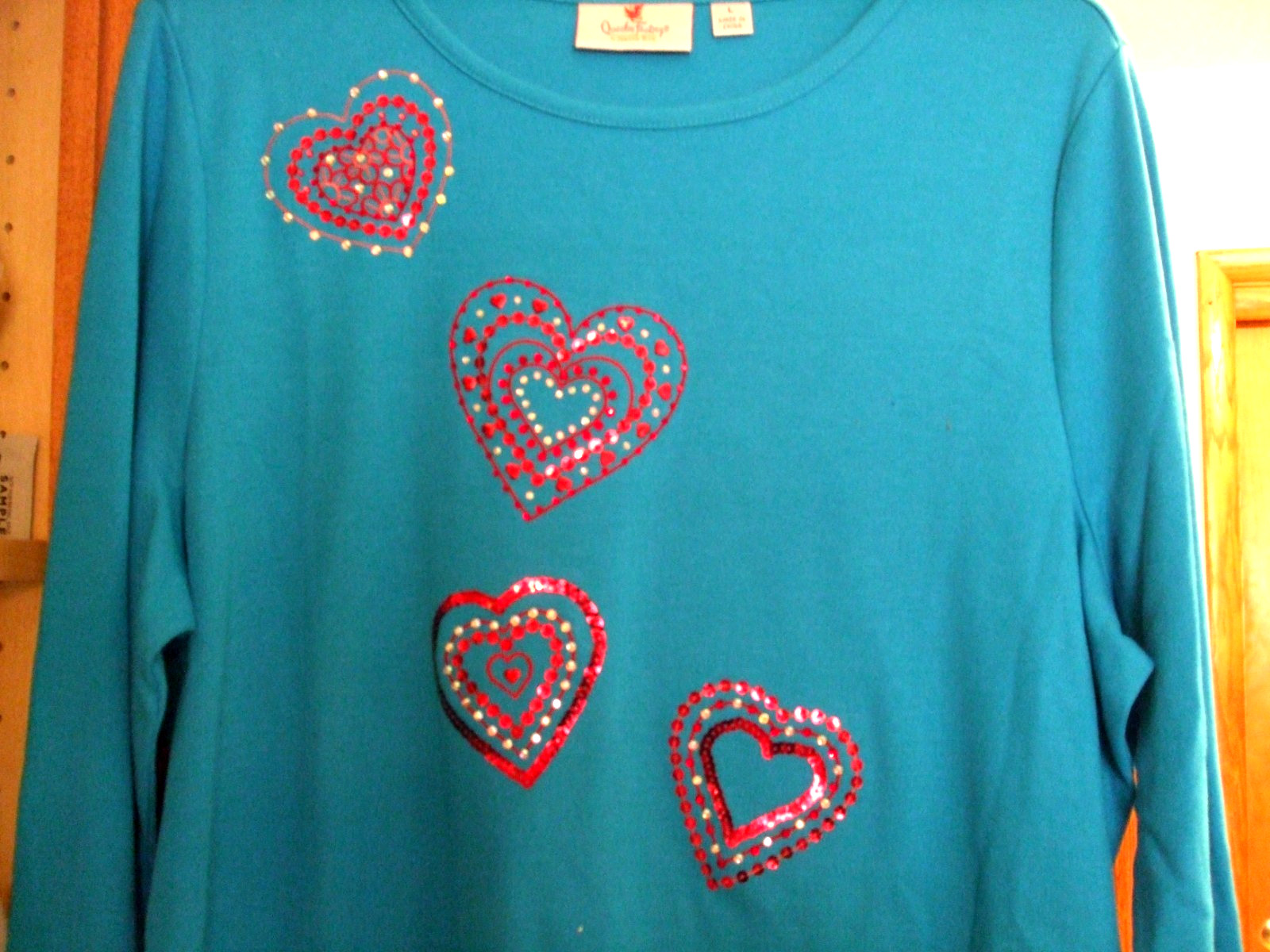 Quacker Factory Be Mine Rhinestone Long-Sleeve Top, DEEP TURQUOISE, LARGE, NEW