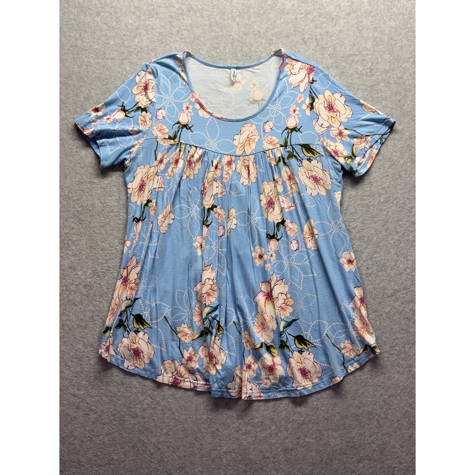 LONGYUAN Womens 2XL Blue Floral Empire Waist Tunic Short Sleeve Knit Scoop Neck