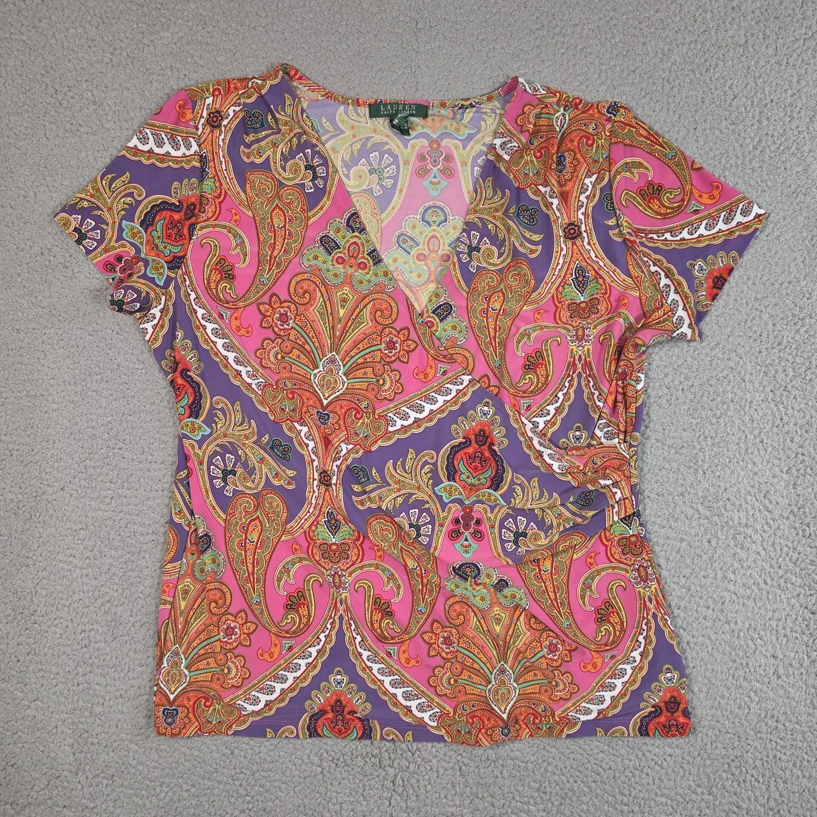 Lauren Ralph Lauren Paisley Faux Wrap Blouse Top Womens XL Pink Slinky Knit