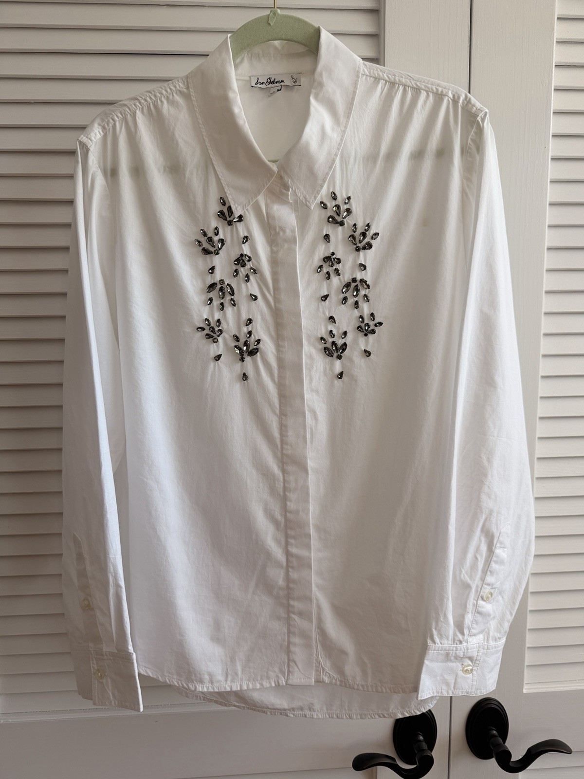 Sam Edelman White Rhinestone Embellished Button Down Shirt Cotton Size L