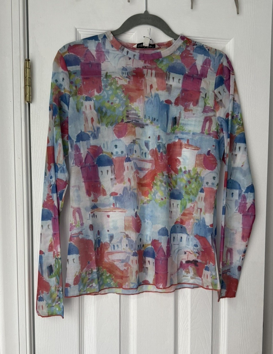 Women’s Abstract Santorini Mesh Top Size Medium Boutique Top Euro Summer