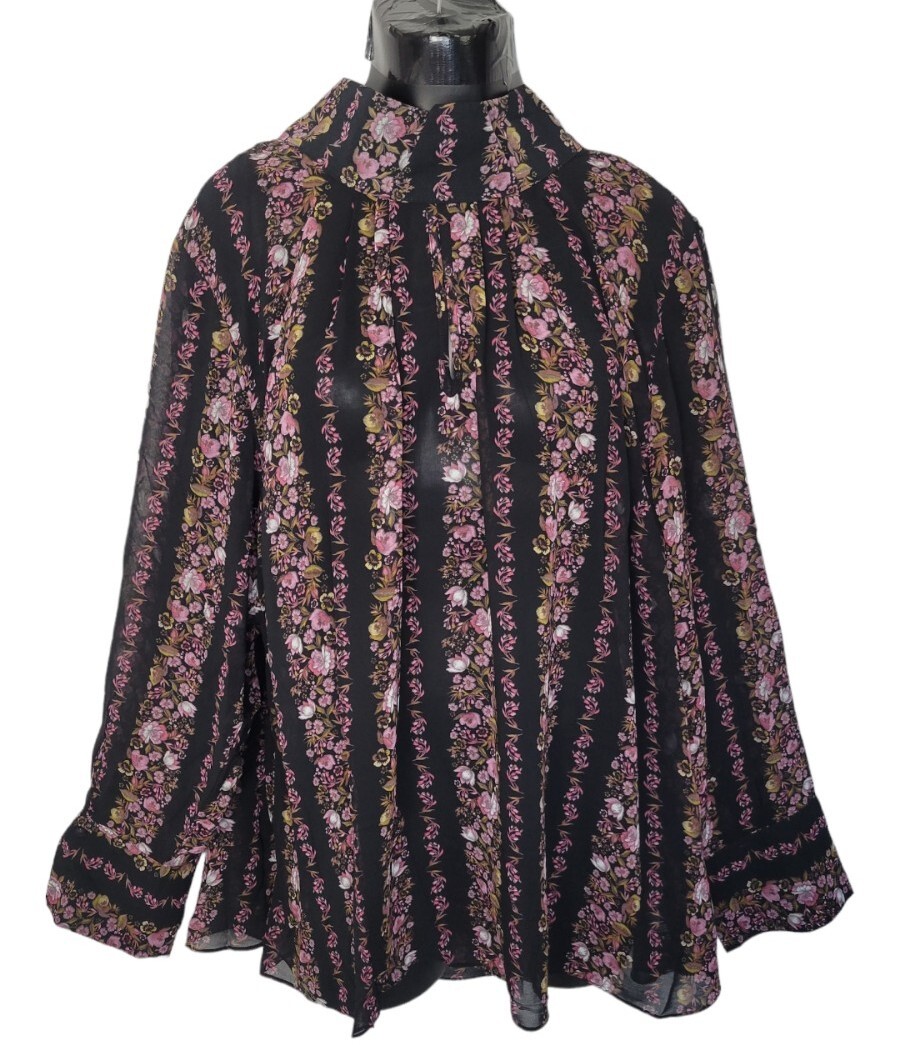 City Chic Long Sleeve Floral Blouse Flowy Black Pink Size X-large NWT