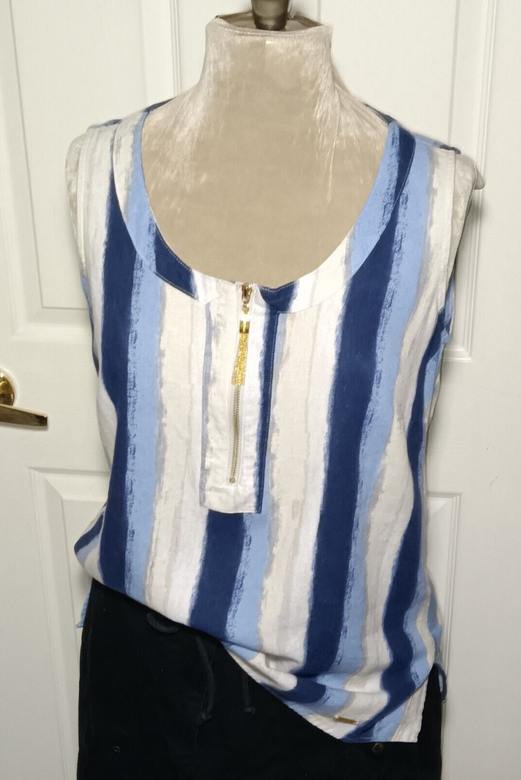 Ellen Tracy Sleeveless Top Linen Blend Scoop Neck High Low Zip Tassel Woman’s S