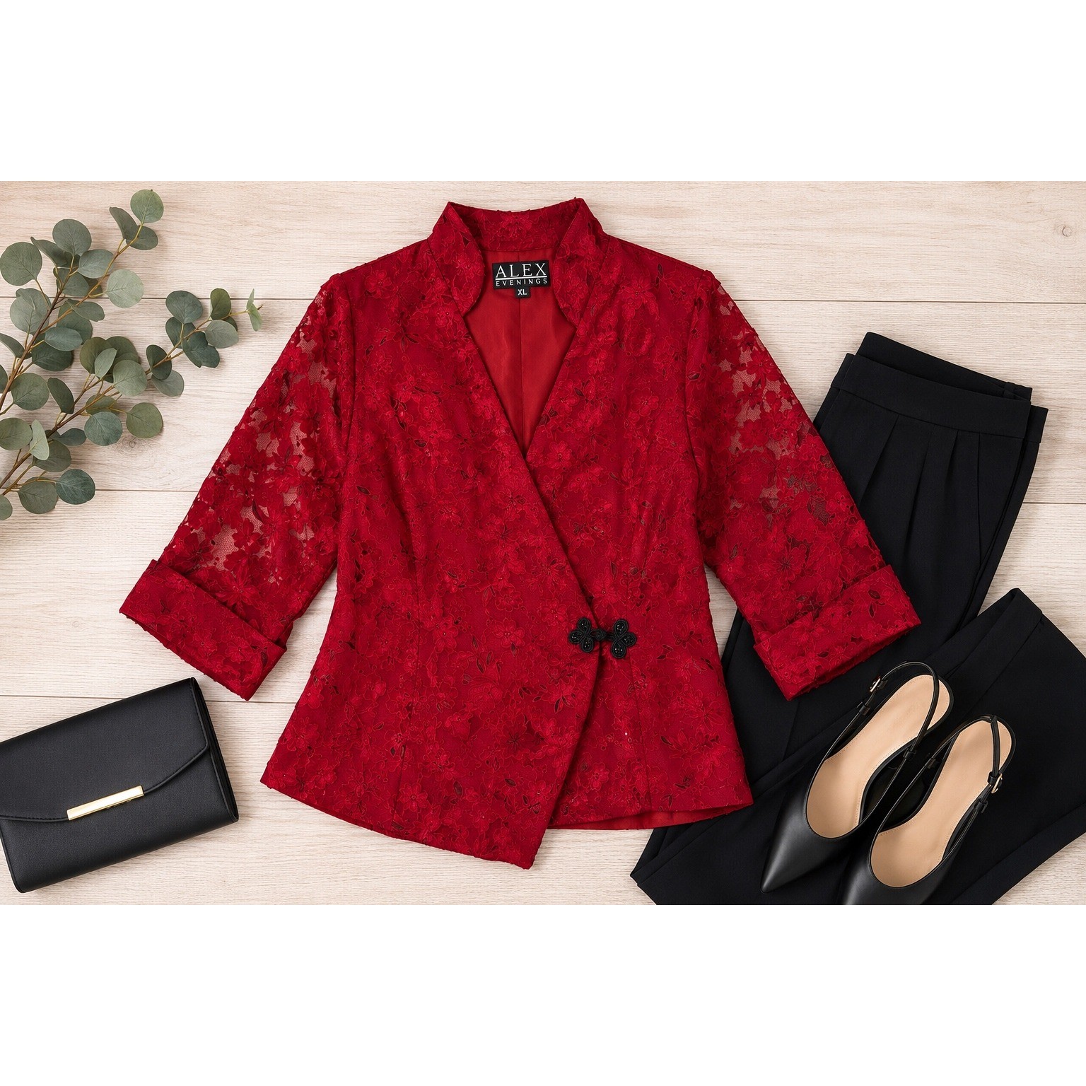 Alex Evenings Red sheer Floral frog closure Jacket blouse size xl Party Mandarin