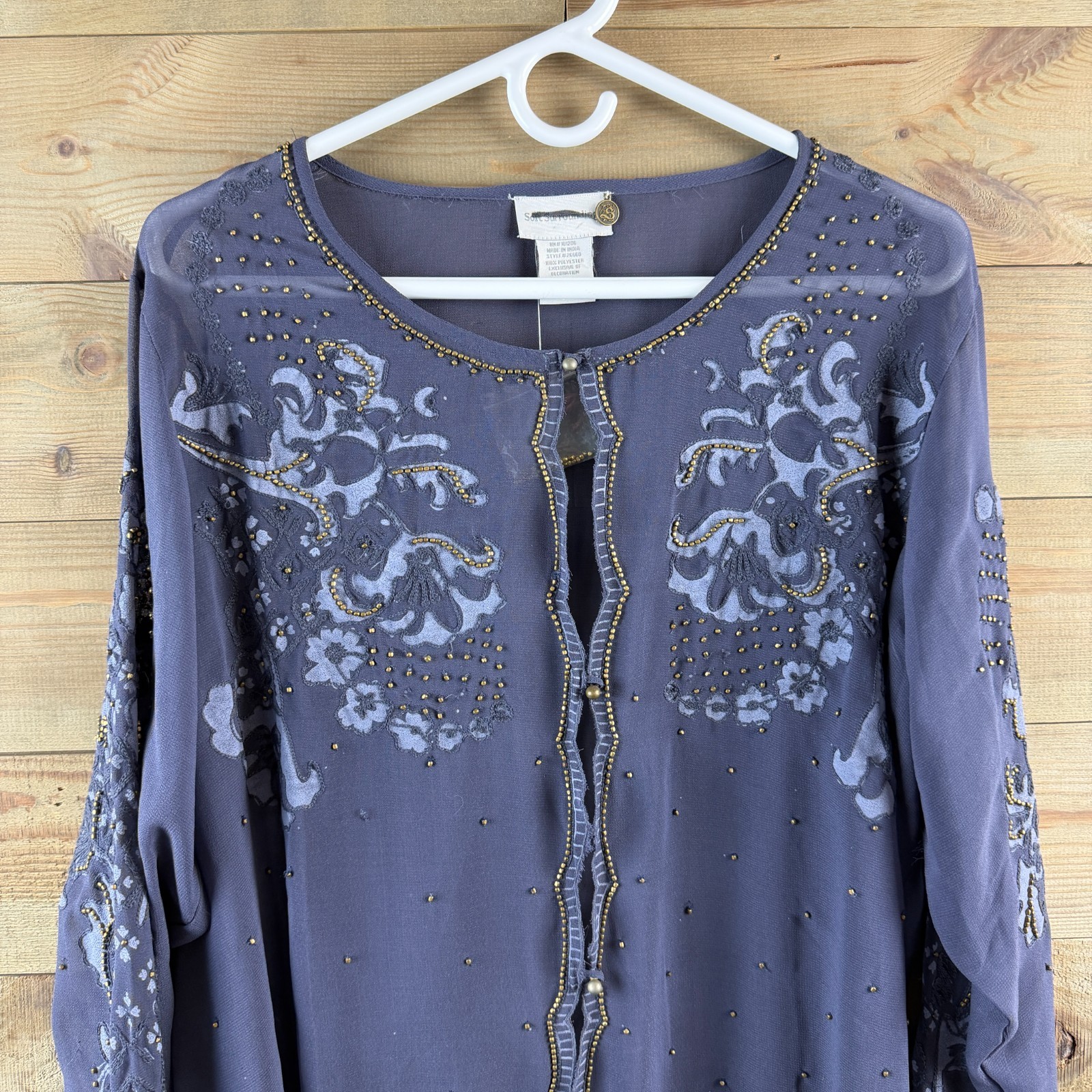 Soft Surroundings Womens Shirt Button Up Embellished Beaded Sheer Elegant Large