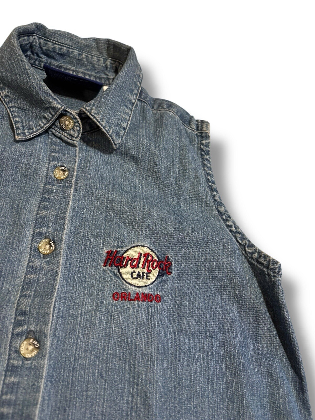 VTG Hard Rock Cafe Orlando Logo Blue Denim Sleeveless Shirt Womens Size Small