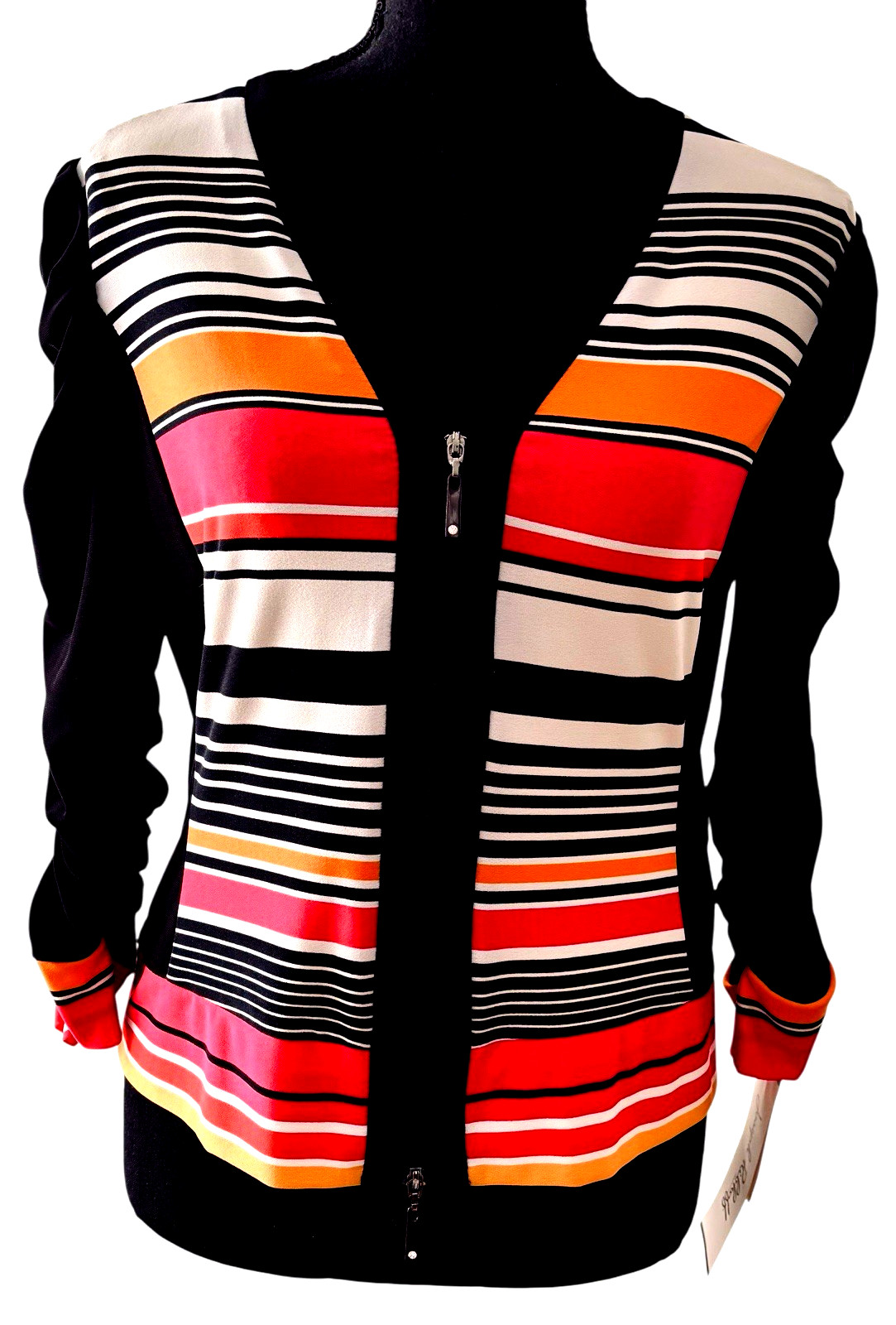 JOSEPH RIBKOFF NWT STRIPED ZIP CARDIGAN, RUCHED 3/4 SLEEVES, COLOR BLOCK, SZ 10