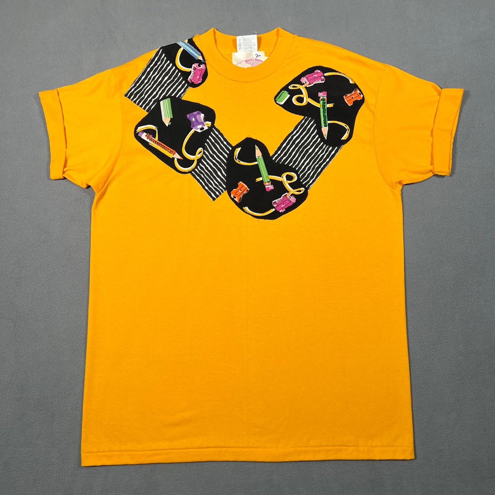 Vintage School Teacher Shirt Womens XL Yellow Abstract Pencil Graphic 90s Retro