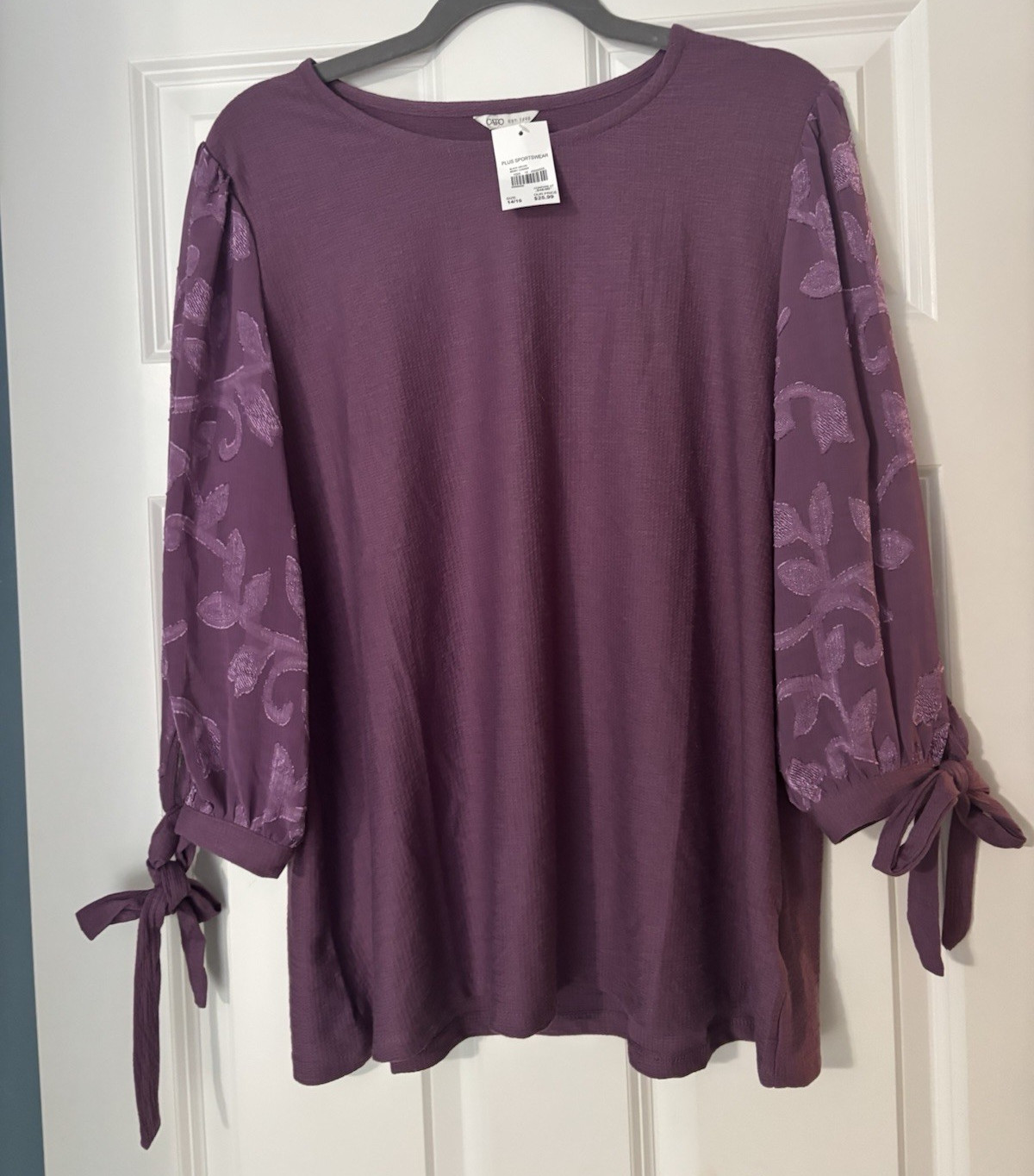 NWT Cato Women’s Plus 14/16W Purple Floral Round Neck 3/4 Knit Stretch Tie Top