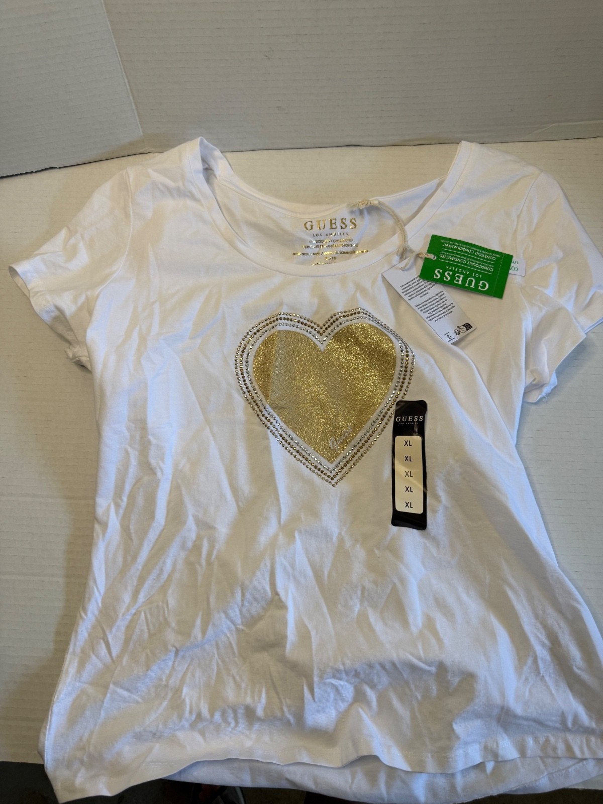 NWT Guess Los Angeles White Scoop Neck T-Shirt with Gold Rhinestone Heart (XL)