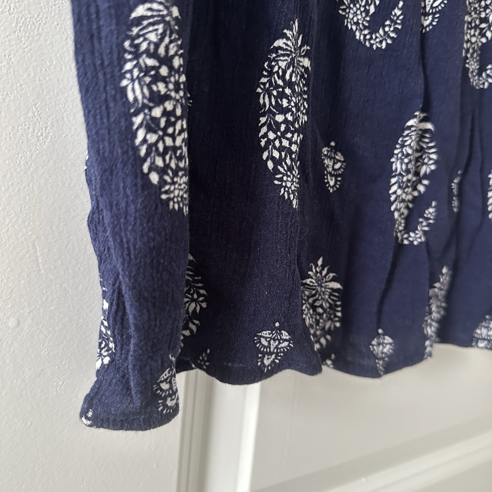 Como Vintage Navy Blue Boho Ruffle Sleeve V-Neck Blouse Women’s Size Large Hippy