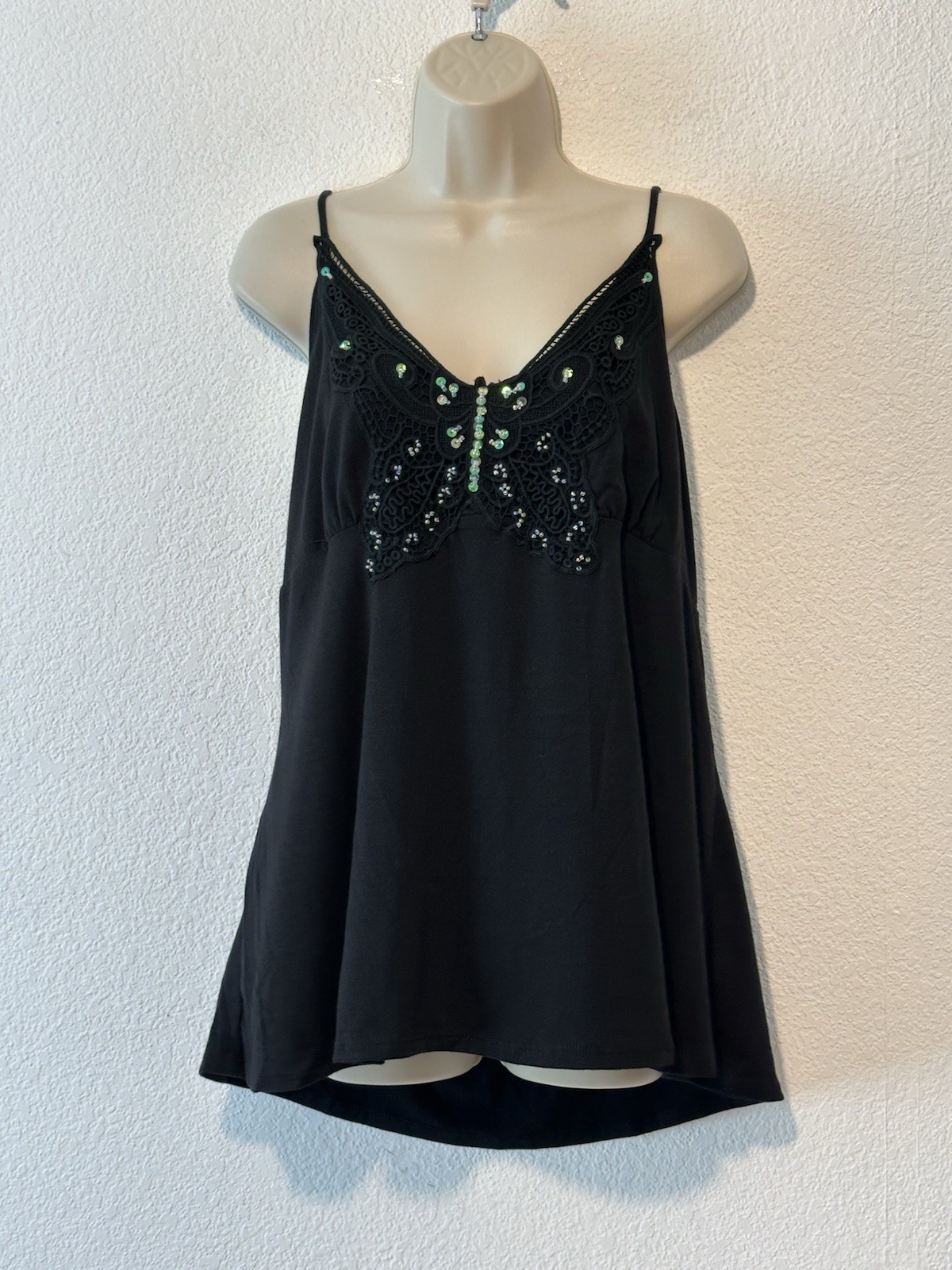 Vtg 90s Black Tank Crochet Butterfly Sequins Bead Fairycore Whimsigoth 2XL