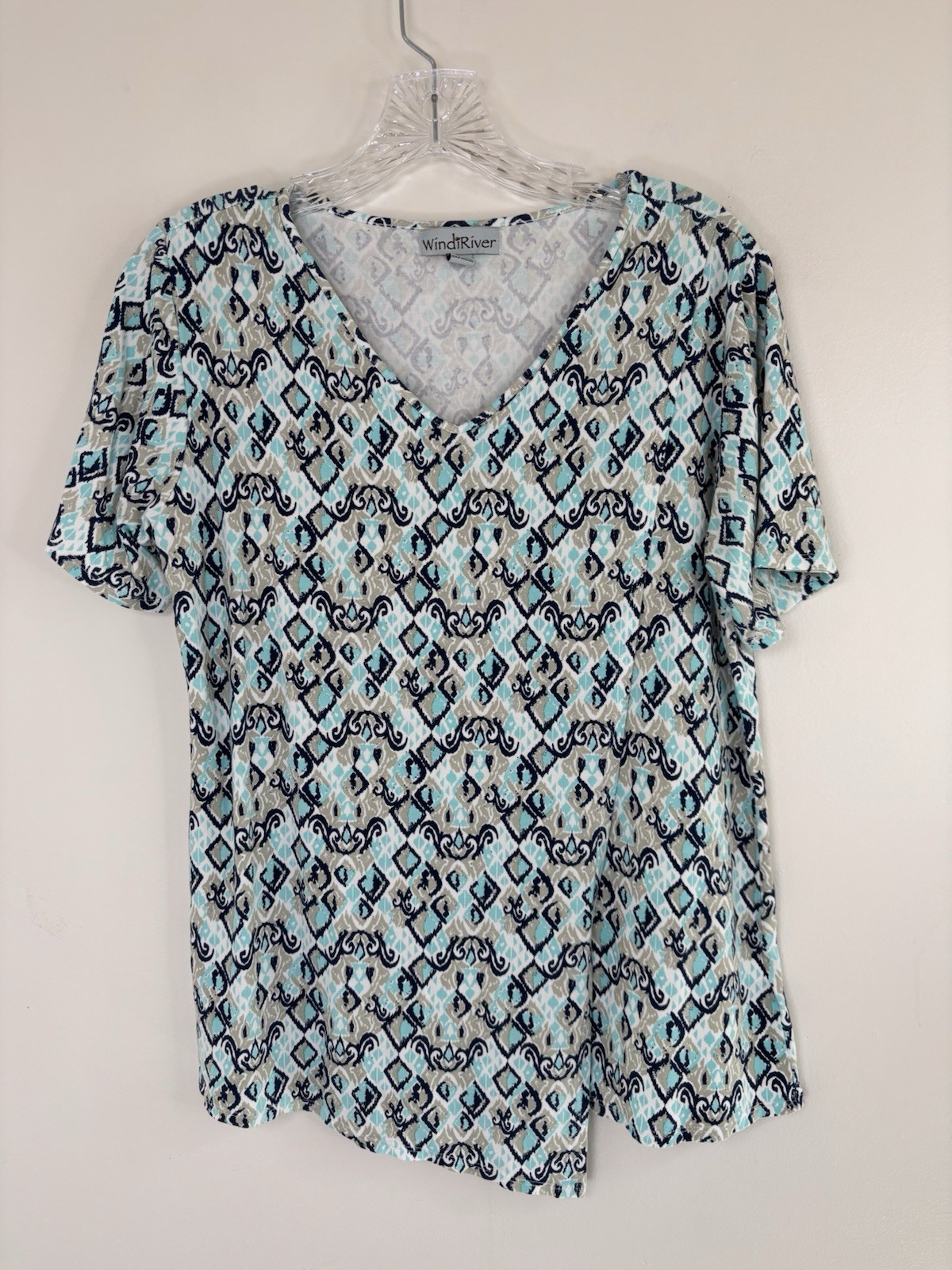 WindiRiver Top Faux Wrap Size Small Geometric Print White/Mint Green/ Black