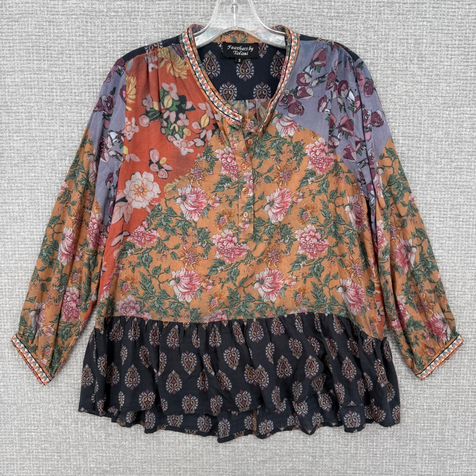 Feathers by Tolani Women’s Sz S Top Floral Patchwork Peplum Blouse Boho Peasant