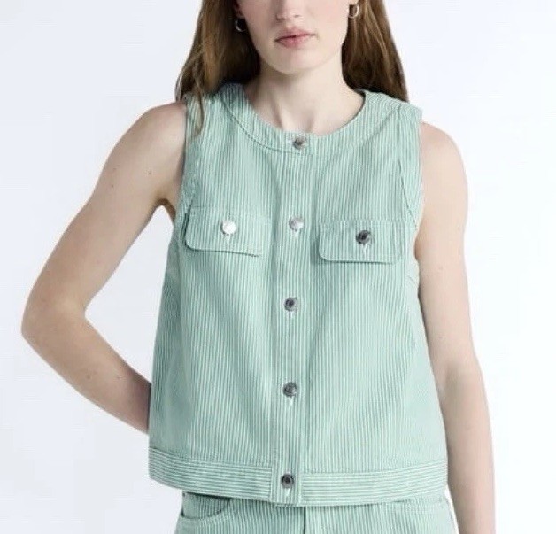 Free Assembly Denim Vest Striped Top Mint Multi-Size Sleeveless Button Front NWT