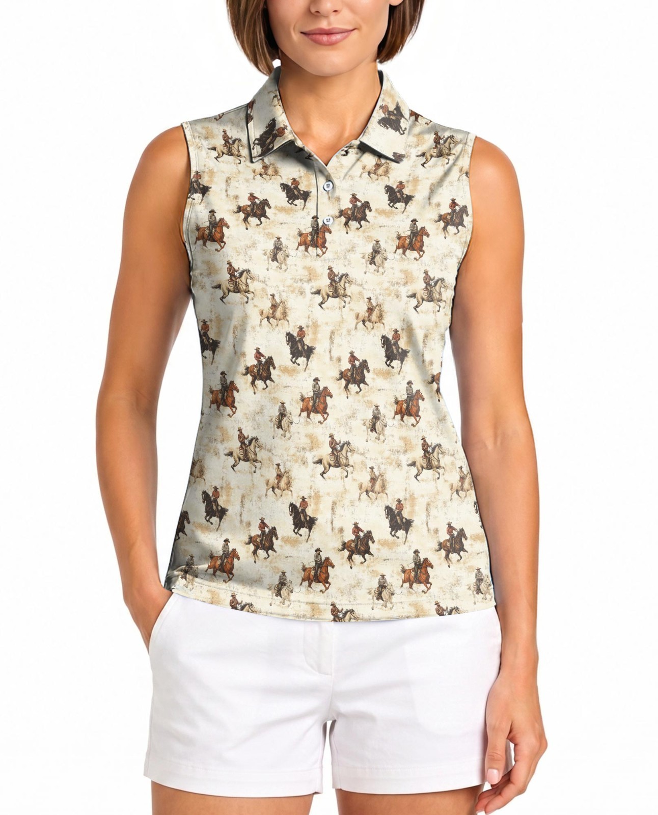 Women Sleeveless Polo Shirt Cowboy Horse Western Vintage Top